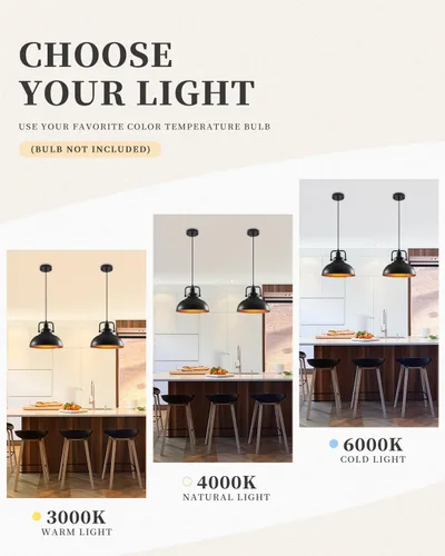 Miniatura 7 de Paquete de 2 luces colgantes negras de 11.5 pulgadas, altura ajustable, luces colgantes vintage para isla de cocina, comedor, granero, bar, sala