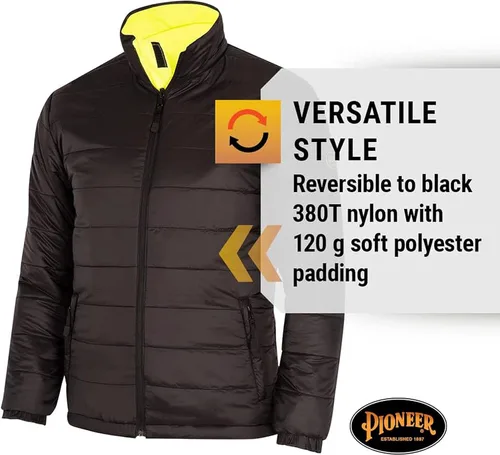 Miniatura 5 de Pioneer Hi Vis - Chaqueta impermeable de seguridad 2 en 1 para hombres y mujeres, se invierte a un acolchado negro, equipo impermeable reflectante