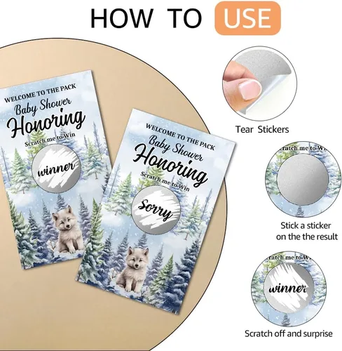 Miniatura 4 de Juego divertido de 50 piezas de Welcome To The Pack, tarjeta de rascar de lobo de nieve para baby shower, suministros de fiesta de cumpleaños