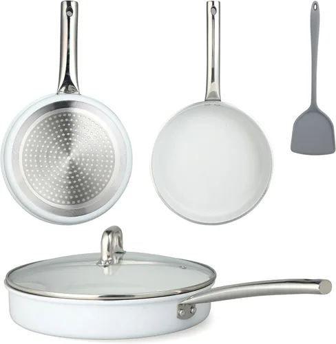 FAB&DELUXE Juego de 5 utensilios de cocina antiadherentes, ollas y sartenes antiadherentes de aluminio con tapas de vidrio, compatibles con todas