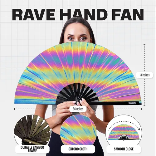 Miniatura 36 de SoJourner Bags Rave Fan – Ventilador plegable grande – Ventilador de mano Clack para raves, Halloween, Burlesque, trajes de arcoíris para mujeres