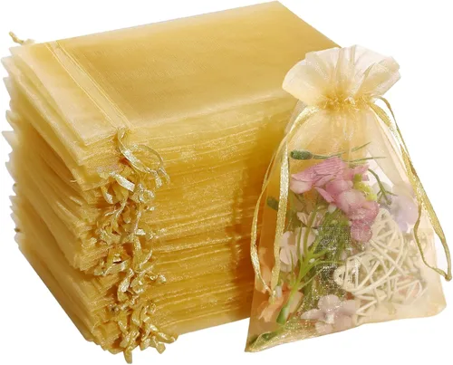 Hopttreely 100 bolsas de regalo de organza dorada, 4 x 6 pulgadas, bolsas de malla de satén con cordón para dulces y regalos, bolsitas para joyas