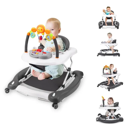 Andador de bebé, 5 en 1 para niños y niñas de 6 a 12 meses con gorila, reposapiés extraíble, bandeja de alimentación y música, caminador de C-gris