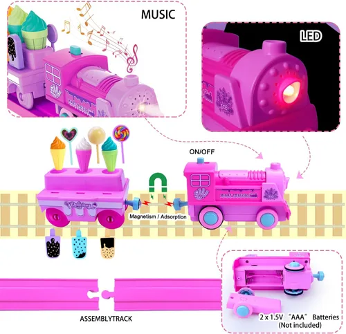Miniatura 6 de Juegos de trenes clásicos rosados para niños pequeños, juguetes musicales de tren eléctrico con camión de helado de bricolaje, rompecabezas