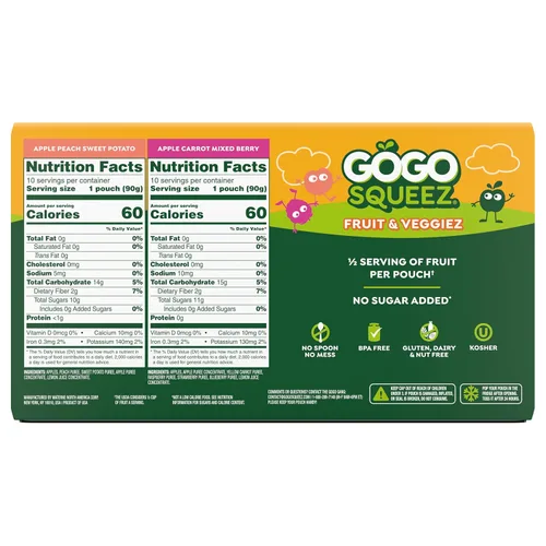 Miniatura 2 de GoGo squeeZ Fruit & veggieZ Paquete variado de puré de manzana y verduras, Pedal Peach y Boulder Berry, 3.2 onzas (paquete de 20), aperitivos sin
