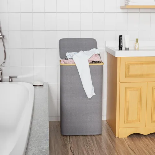 Miniatura 3 de SUOCO Cesta de lavandería con tapa, cesta de ropa de 29 galones (110 litros) con asas de bambú, cesta grande plegable para la ropa sucia para Gris