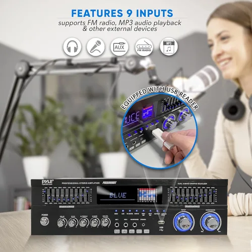 Miniatura 5 de Pyle Amplificador híbrido Bluetooth de 6 canales para el hogar – 1600 W para el hogar de audio estéreo con radio, USB/AUX/RCA/MIC, HD/OPT/COAX