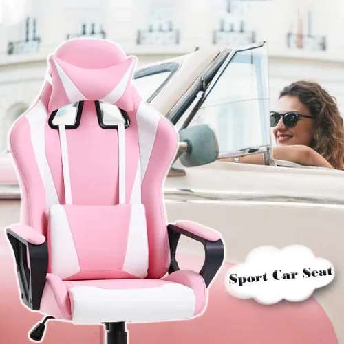 Miniatura 5 de HHS Silla rosa para videojuegos, silla de escritorio para computadora de masaje, sillas de videojuegos, silla ergonómica de carreras con soporte