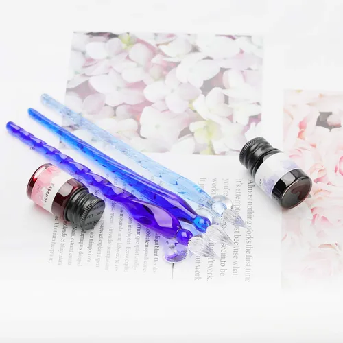 Miniatura 8 de ESSSHOP Juego de Plumas de Vidrio para Caligrafía - 3 Plumas de Inmersión de Cristal Azul con Tinta de Color y Soporte para Pluma, Kit