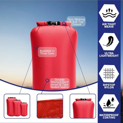 Miniatura 3 de Bolsas secas impermeables, paquete de 3 (5 L, 10 L, 20 litros), bolsas de almacenamiento ligeras e impermeables para viajes, canotaje, pesca, Rojo