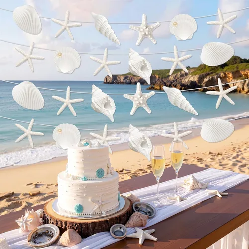 Miniatura 6 de Pajean 40 Pcs Beach Seashell Garland Banner with Pearl Print Starfish Cutouts, Coastal Nautical Hanging Decor for Bridal Shower Wedding Reception