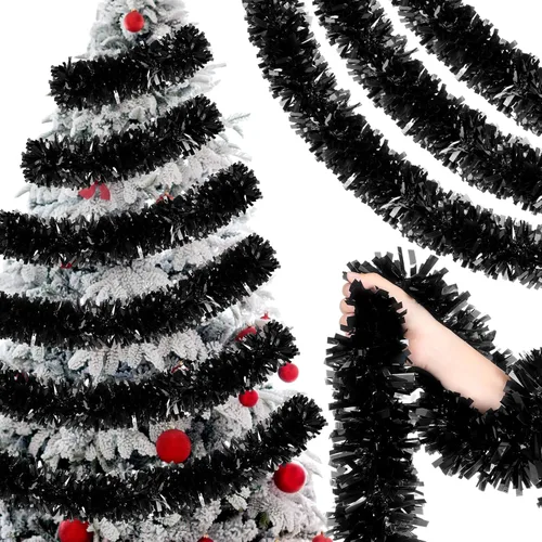 Miniatura 9 de Guirnalda de Oropel de Navidad de 26.2 pies Negra de Halloween Guirnalda Metálica para Árbol Decoraciones Colgantes de Oropel con Brillantina