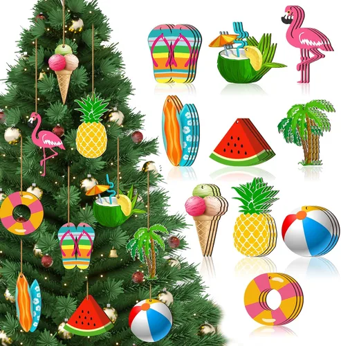 Miniatura 8 de Chunful 30 adornos de árbol de verano para Navidad en julio, decoración colgante de madera para playa, rebanadas de madera, adornos de árbol