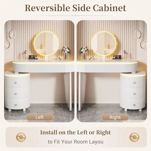 Miniatura 5 de KDCAS Escritorio redondo de maquillaje con espejo y luces, escritorio moderno de piel sintética con gabinete lateral reversible, mesa de tocador