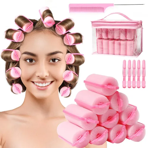 Rodillos de espuma de esponja para dormir, rizadores flexibles con peine de cola y pinzas para el cabello para peluquería (60 piezas, rosa)