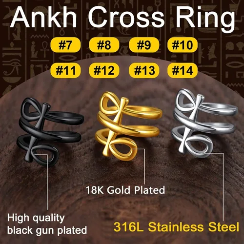 Miniatura 6 de ChainsProMax Puede grabar anillos de cruz Ankh para hombres y mujeres, anillo de mitología de joyería egipcia, acero inoxidable, chapado en oro