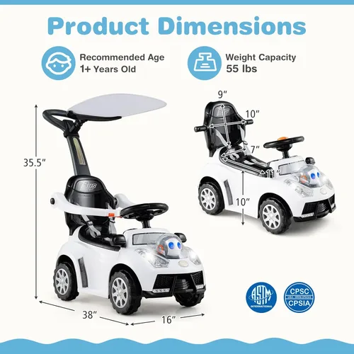 Miniatura 7 de Costzon Coche de empuje para niños pequeños, cochecito 3 en 1, auto deslizante para caminar con asa, toldo, cinturón de seguridad, bocina, música
