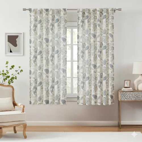 Kayne Studio Cortinas con estampado botánico semitransparentes azul gris floral con hojas de granja de lino, cortinas para filtrar la luz para
