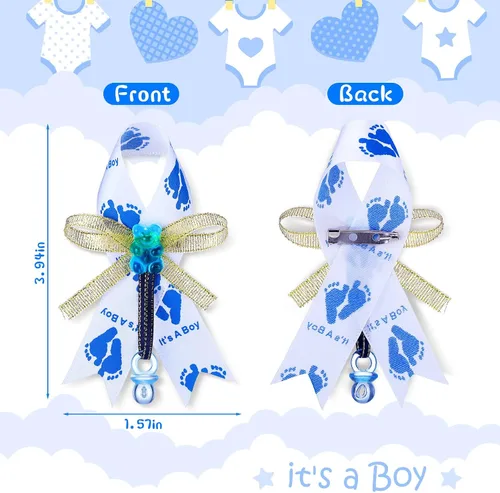 Miniatura 2 de Jexine 50 piezas de broche con lazo para baby shower, broche de cinta con chupete azul y oso para decoración de fiesta de revelación de género