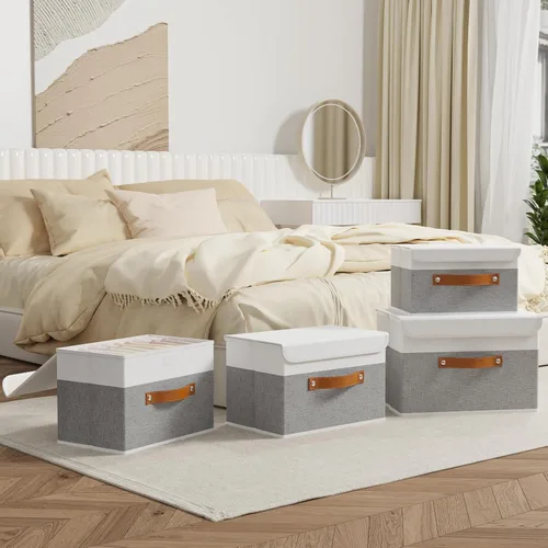 Miniatura 2 de OUTBROS Caja de almacenamiento plegable grande con tapa, organizador de armario de tela de lino, contenedores para toallas, ropa, 15 x 9.8 x 9.8
