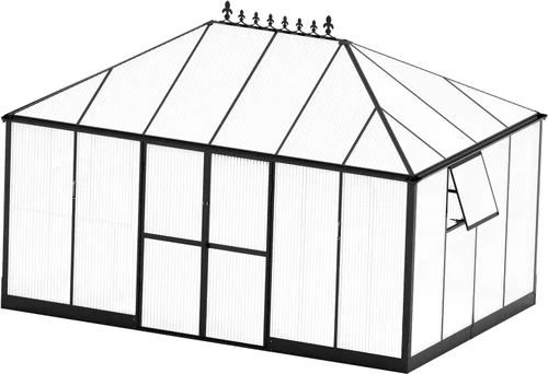 Miniatura 8 de Jocisland Invernadero de Policarbonato de 14x9.5x9 Pies - Invernaderos de Aluminio para Exteriores con Altura de Pared de 6 Pies con 2 Ventilaciones