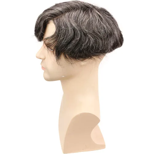 Miniatura 4 de Voloria Swiss Full Lace Hombres Toupee 1B Color Negro Cabello Humano Real Mezclado 20% Gris Pelo Sintético Reemplazo para Hombres Hairpiece