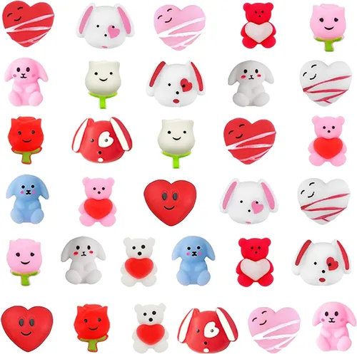 JIALWEN Paquete de 32 juguetes esponjosos Mochi para niños, juguetes para ansiedad esponjosos, regalos de San Valentín, tarjetas de felicitación,