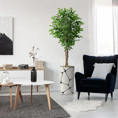 Miniatura 13 de Árbol artificial en macetero con patrón geométrico, palmera tropical areca artificial de seda para decoración del hogar en interiores y exteriores