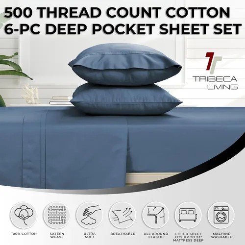Miniatura 3 de Tribeca Living Juego de sábanas y fundas de almohada de satén de algodón egipcio suave, bolsillo profundo, 500 hilos, ropa de cama de lujo de 6