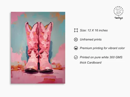 Miniatura 2 de TwoDays Botas de vaquera rosadas para decoración de habitación, pinturas femeninas del oeste para apartamento, botas de vaquero costero, impresiones