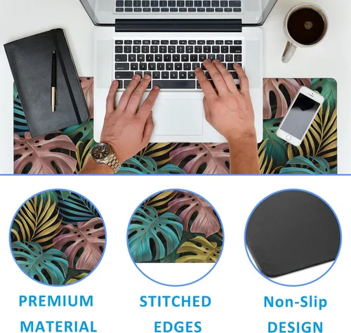 Miniatura 3 de Alfombrilla de ratón grande para juegos con hojas de palmera tropicales coloridas, tapete de escritorio impermeable para escritorio, base de goma