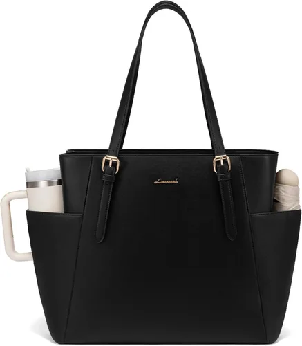 LOVEVOOK Bolso para laptop con gran portavasos para mujer, bolso de mano de cuero para trabajo, bolso de hombro profesional para computadora de 15.6