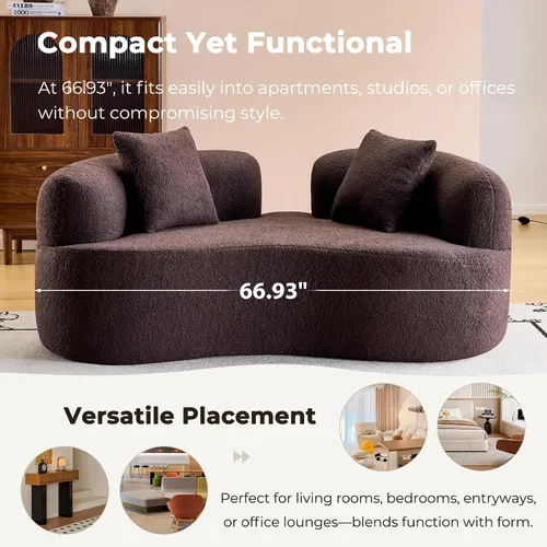 Miniatura 8 de 67'' Modern Curved Loveseat, Luxury Teddy Velvet Upholstered Couch, Comfy Cloud Compressed Sofa with 2 Pillows for Small Spaces Living Room