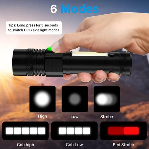 Miniatura 3 de Linterna recargable por USB, linternas magnéticas LED, linternas tácticas súper brillantes con luz lateral mazorca, impermeable, zoomable, 6 modos