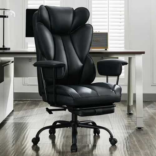 Silla de oficina grande y alta, silla de juegos de cuero con respaldo alto y reposapiés, soporte lumbar, reposabrazos suaves fijos hacia afuera,