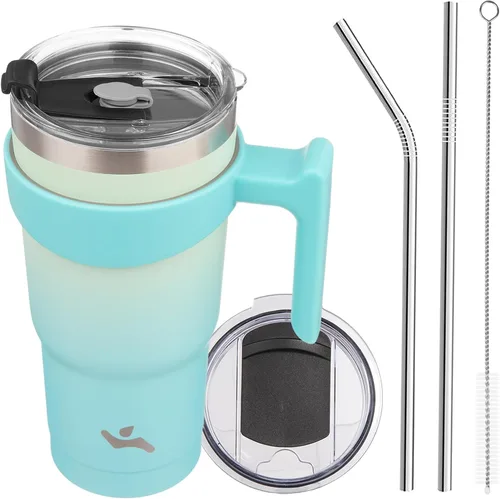 Miniatura 24 de Konokyo - Vaso de 10 onzas con asa y 2 popotes, 2 tapas, botella de agua aislada de acero inoxidable, taza de viaje reutilizable, color verde militar