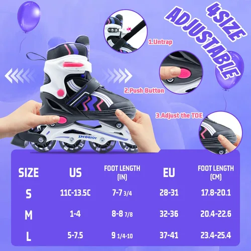 Miniatura 2 de Inline Skates for Kids 4 Size Adjustable Light-Up Wheels Aluminum Frame Black Rose Red Blade Skate for Boys and Girls S, M, L Sizes, Ages 5-8, 6-12