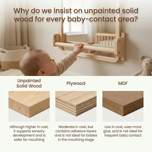 Miniatura 5 de Woodtoe Espejo Montessori con barra, juguetes ajustables para bebés, marco de madera maciza sin pintar natural y barra de dominadas para bebés