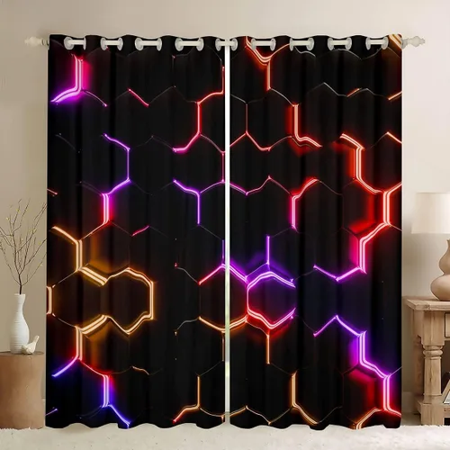 Miniatura 10 de Feelyou - Cortinas de ventana en forma de panal, tema geométrico hexagonal con luces de neón verdes, para chicos adolescentes y hombres, elegante
