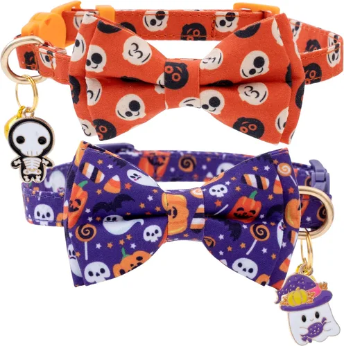 Miniatura 10 de Faygarsle Paquete de 2 bonitos collares de gato de temporada para Halloween y otoño, collar separable con cascabeles, corbatín, bonitos patrones