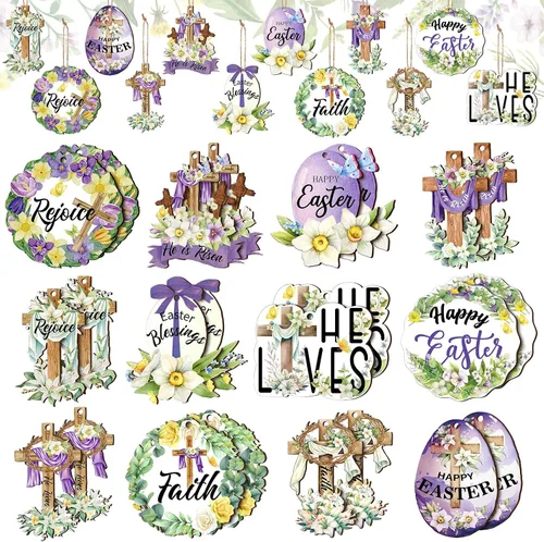 24 adornos de madera de Pascua, decoraciones de Pascua Vantage para árbol, granja, adornos colgantes de primavera, huevos cruzados, flores, recortes