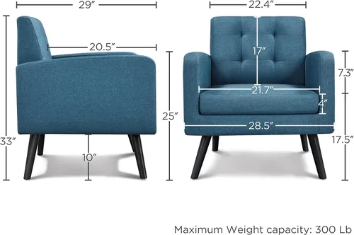 Miniatura 3 de Yaheetech Sillas de acento de mediados del siglo, silla moderna tapizada para sala de estar, sillón acogedor con respaldo abotonado y patas de Azul
