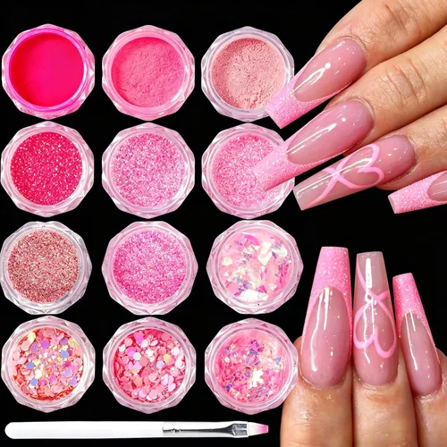 Juego de polvos de purpurina rosa para arte de uñas, 12 frascos holográficos de lentejuelas para el día de San Valentín con cepillo, capa de
