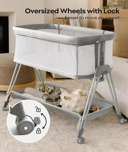 Miniatura 5 de Fodoss Moisés para bebé con ruedas, bandeja de almacenamiento, malla de 4 lados, 7 alturas ajustables, color beige