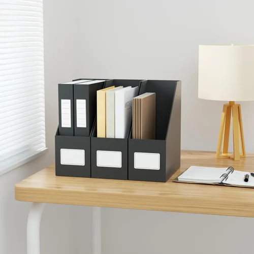 Miniatura 5 de JiaWei - Portarevistas negros, 3 paquetes de resistente estante de cartón, caja de archivo de organización de escritorio para estantes y escritorio
