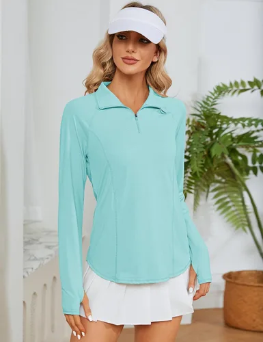 Miniatura 3 de LOMON Camisas de manga larga para mujer, protección solar, cremallera de 14, de verano, de secado rápido, para senderismo, con cremallera de un