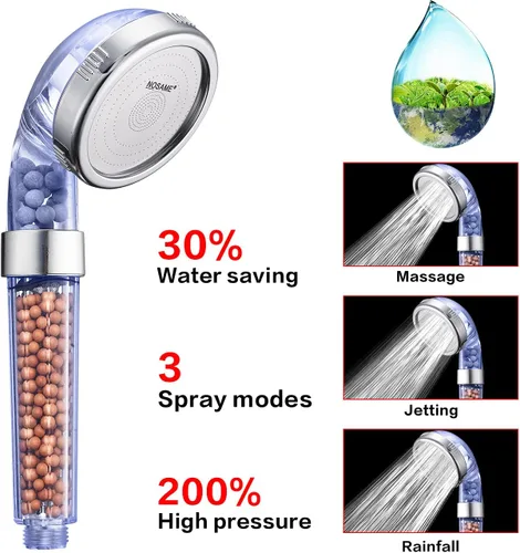 Miniatura 2 de NOSAME Cabezal de ducha, filtro de filtración de alta presión, ahorro de agua, 3 modos de función, pulverizador, cabezales de ducha de mano