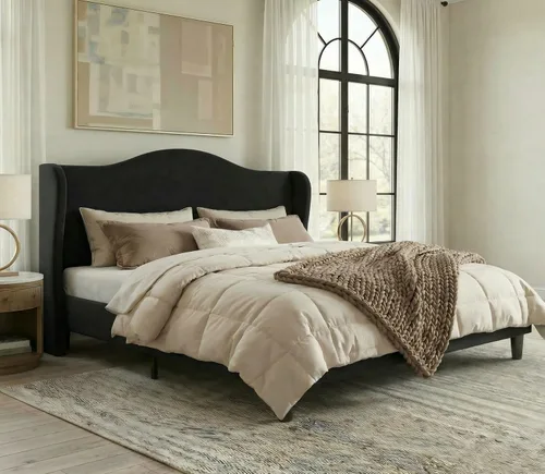 Miniatura 13 de Allewie Marco de cama de tamaño matrimonial, plataforma tapizada con respaldo de alas con cabecera capitonada de 47 pulgadas de alto, tela