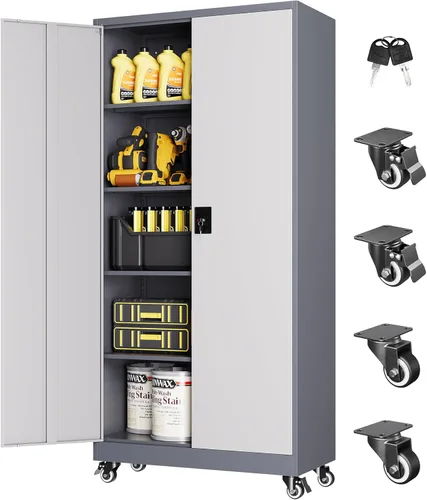 Miniatura 21 de Armario de almacenamiento de metal, archivador alto con 2 estantes ajustables y cajón, gabinete de herramientas de acero con cerradura para oficina