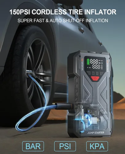 Miniatura 3 de Arrancador de salto con compresor de aire, caja de salto portátil de coche de 4000 A 12 V, inflador de neumáticos de 150 PSI, batería de inflador